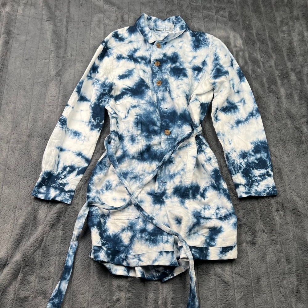 Gap Women Blue White Tie Dye Linen Blend Utility Romper Long Sleeve Size 4